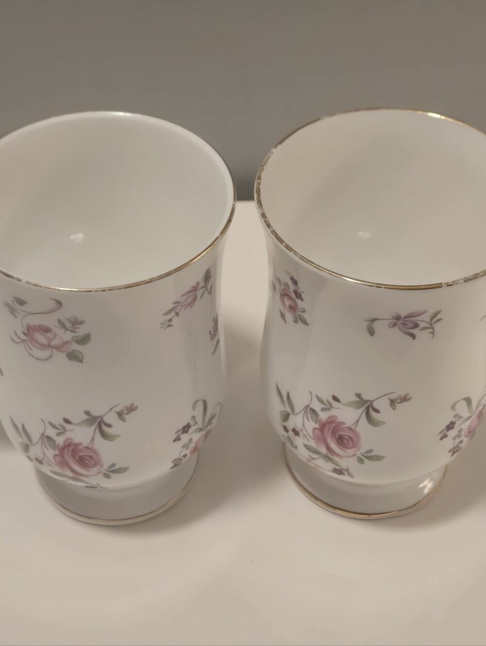 Porcelain Floral Pink Rose Mugs with Gold Trim - Set of 2